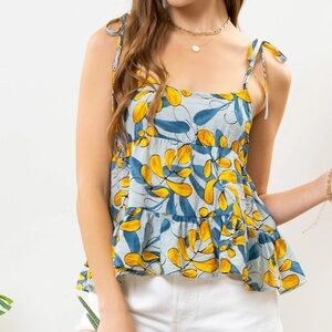 Mine for Anthropologie Blue Yellow Leaf Print Tiered Baby Doll Style Tank Size M